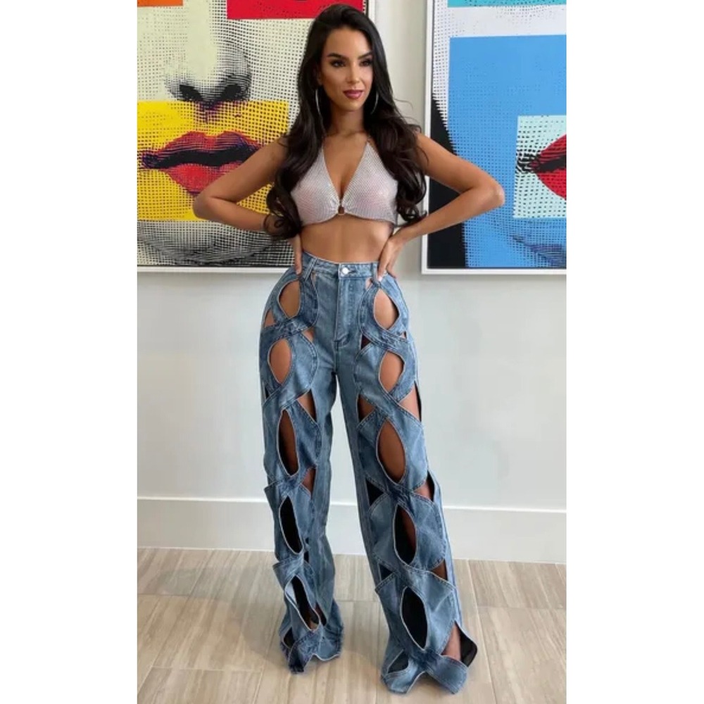 Micas Distressed‎ Cut Out Jeans Women's Wide Leg Denim Pants Trendy Fashion S